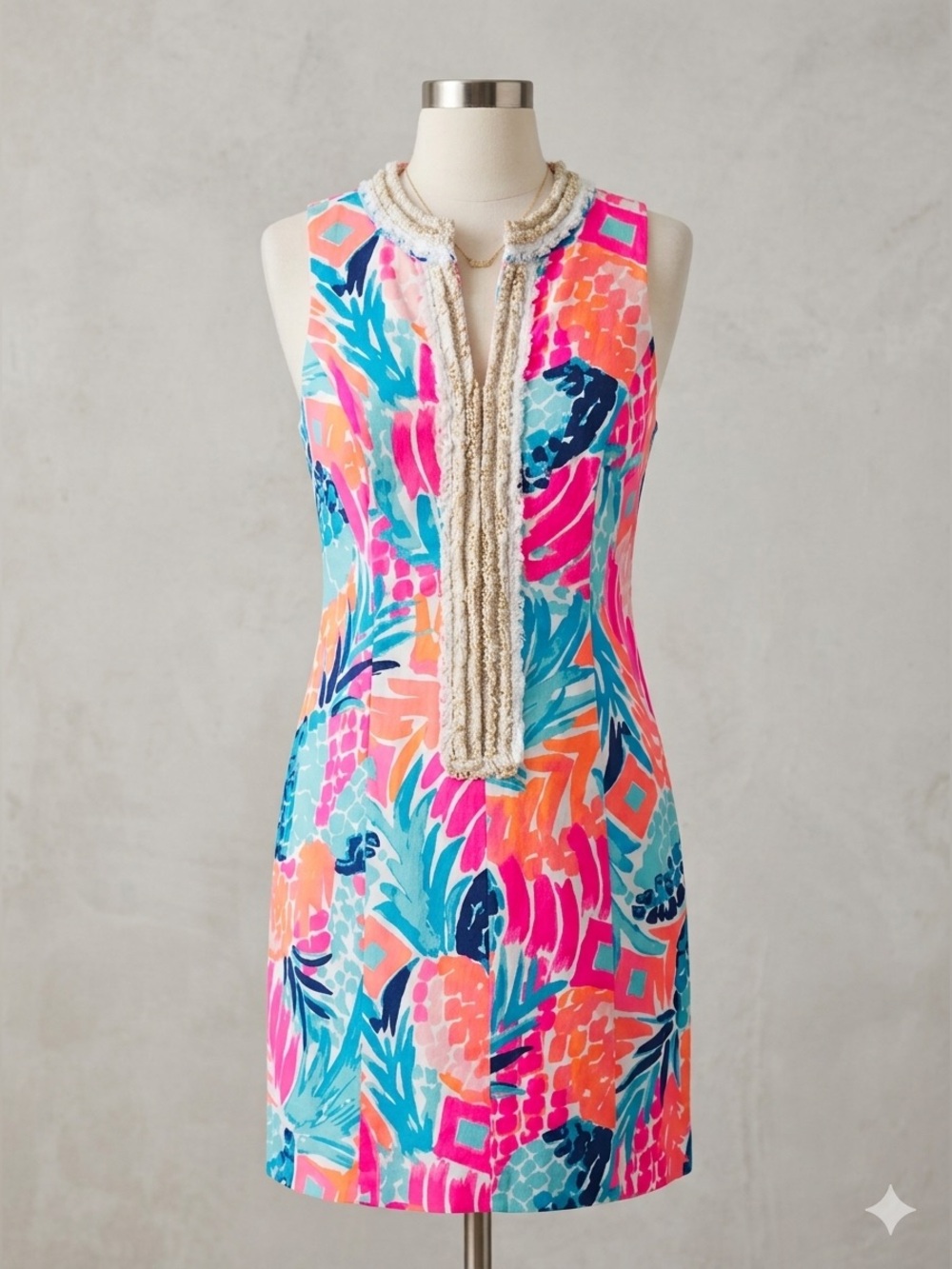 Lilly Pulitzer Alexa Shift Dress Goombay Smashed Pineapple Gold Fringe Size 2